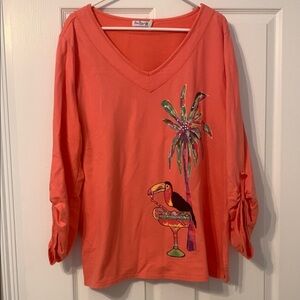 Sun Bay Coral V-Neck Top with Tropical Toucan Print